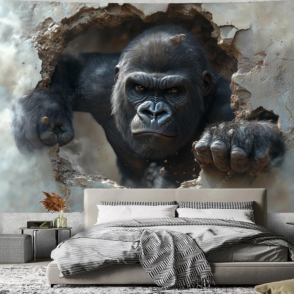 Angry Gorilla Climbing Out of A Hole Tapestry Wall Hanging for Hippie Aesthetic Room Decor Psychedelic Home Wall Decor Yoga Mat