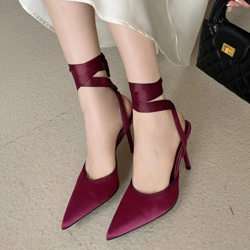 Pesstwei Fashion Slingback Ankle Lace-up Mules Women Pumps Sexy Thin High Heels Pointed Toe Banquet Stripper Shoes