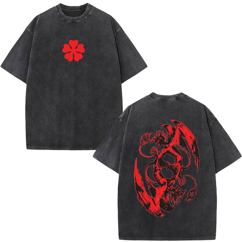 Washed Anime Black Clover Logo Graphic Print T-shirt Harajuku Summer Fashion Casual Cotton Oversized T-shirts Tops Streetwear