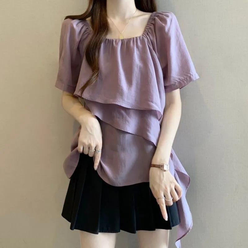 Womens Square Neck Chiffon Blouse Puff Sleeve Ruffle Hem Loose Top