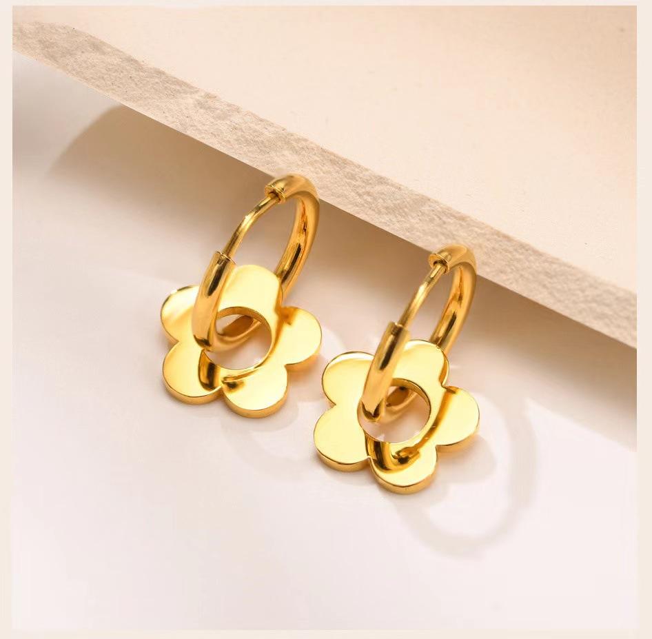 RAMOS Flower Charm Hoop Earrings For Women Girls 18K Gold Plated Stainless Steel Handmade High Polished Hoop Earrings