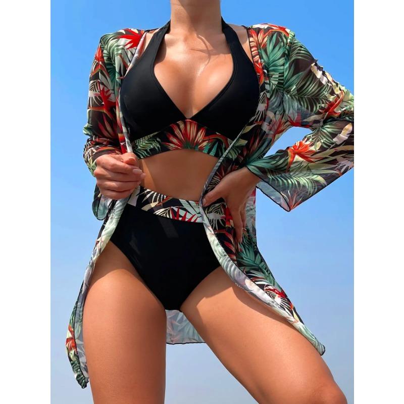 Neckholder Print Bikini Sets 3PCS Damen Badeanzug Mit Kimono Hohe Taille Bademode Weibliche Badegäste Baden Schwimmen Badeanzug Strandbekleidung