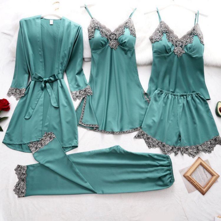5 STUKS Nachtkleding Slaappak Sexy Dames Kant Pyjama Sets V-hals Satijn Pyjama Intieme Lingerie Lente Nachtkleding Huispak