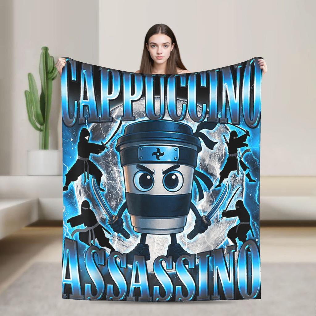 Italian Brainrot Cappuccino Assassino Fun Cappuccino Meme Blanket Soft Funny Plush Throw Blanket For Flannel Bedspread Bed Cover