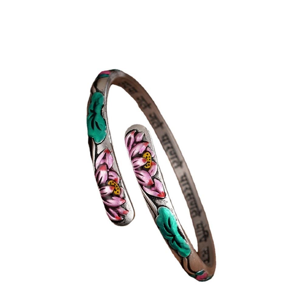 Adjustable Chinese Style Bracelets Charm Cloisonne Open Bangle Fashion Lotus Copper Bangle Gifts