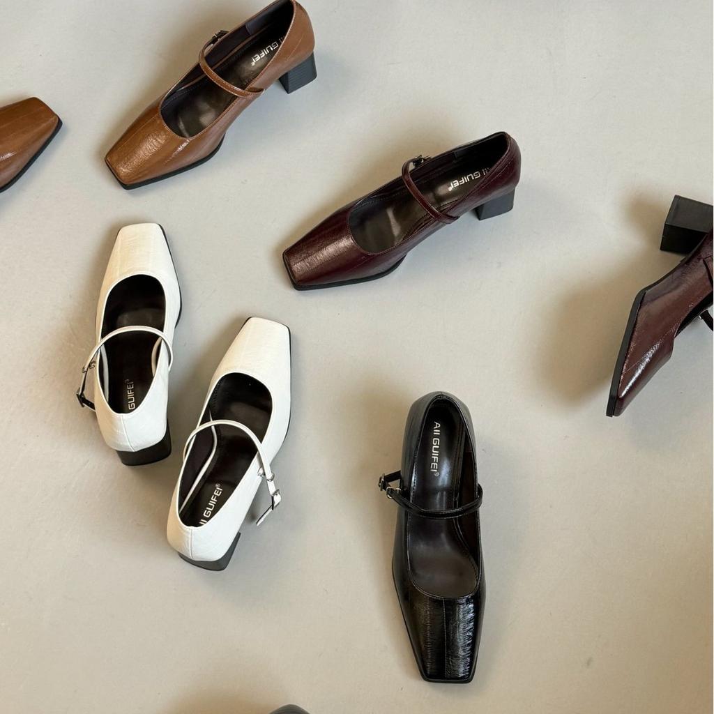 2025 autumn and winter new fashion square head shallow mouth word with thick high heels commuting work OL Mary Jane women's single shoes