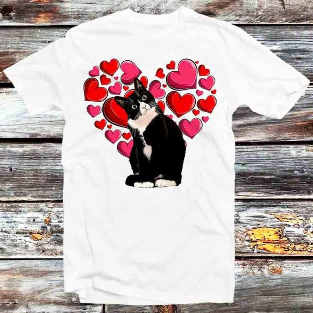 

230GSM 100% Cotton T-Shirt Tuxedo Black Cat Valentine Heart Cute T Shirt Vintage Retro Gift Mens Womens Unisex Cartoon Anime Top Tee B1140 XS белый
