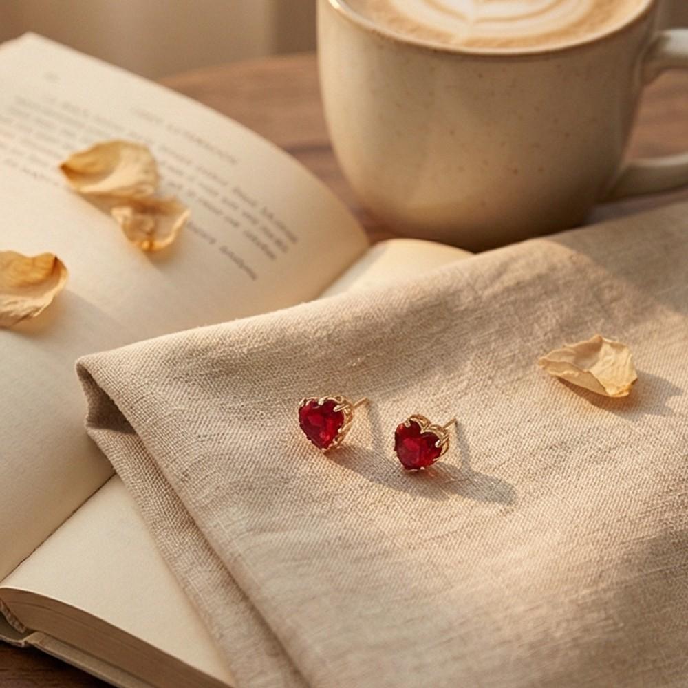 Trendy Silver Stud Earrings For Women Female Red Heart Shape CZ Gold Earings Fashion Ear Jewelry Accessories Gifts