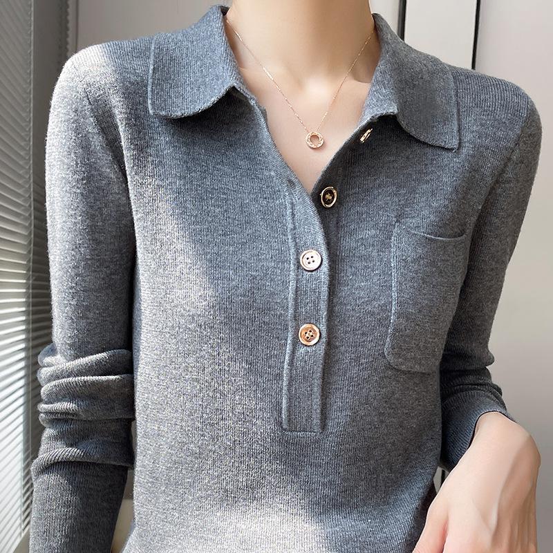 Women's Slimming Knit Wool Polo Collar Top with Pockets - Spring Style