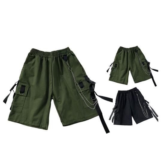 Mid-Rise Elastic Waistband Multi Pockets Chain Strap Decor Men Shorts Outdoor Fitness Cargo Short Pants