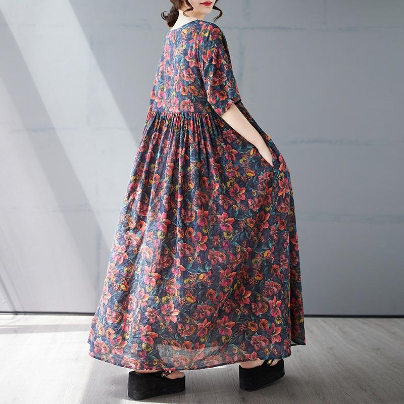 Kurzarm Plus-Size-Baumwolle im Vintage-Stil mit Blumenmuster, neu in Kleidern für Damen, lässig, locker, für den langen Sommer