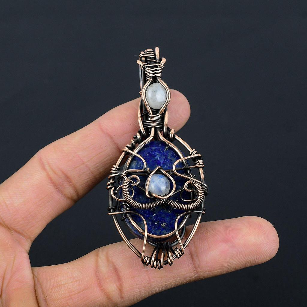 Lapis Lazuli & Moonstone Pendant Handmade Gemstone Jewelry, 999 Copper Wire Wrapped Pendant ,Unique Design Jewelry Pendant
