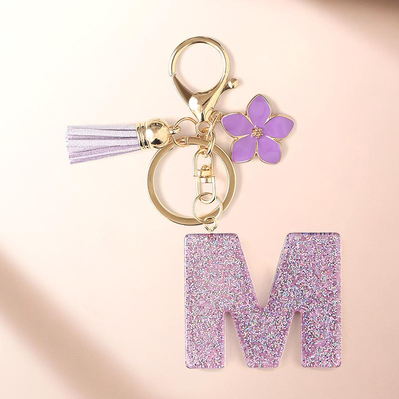 Flash Powder 26 English letters, diy, Resin keychain, purple flower, pendant, bag pendant, keychain, Christmas gift, Stocking stuffers