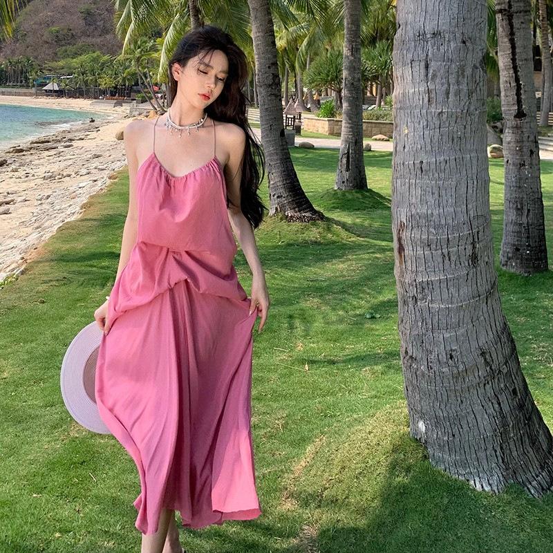 Pink backless neck sling dress women s summer tea break beautiful sexy vacation beach dress S