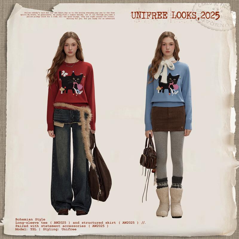 unifree Kitty Jacquard Color-Block Round Neck Sweater
