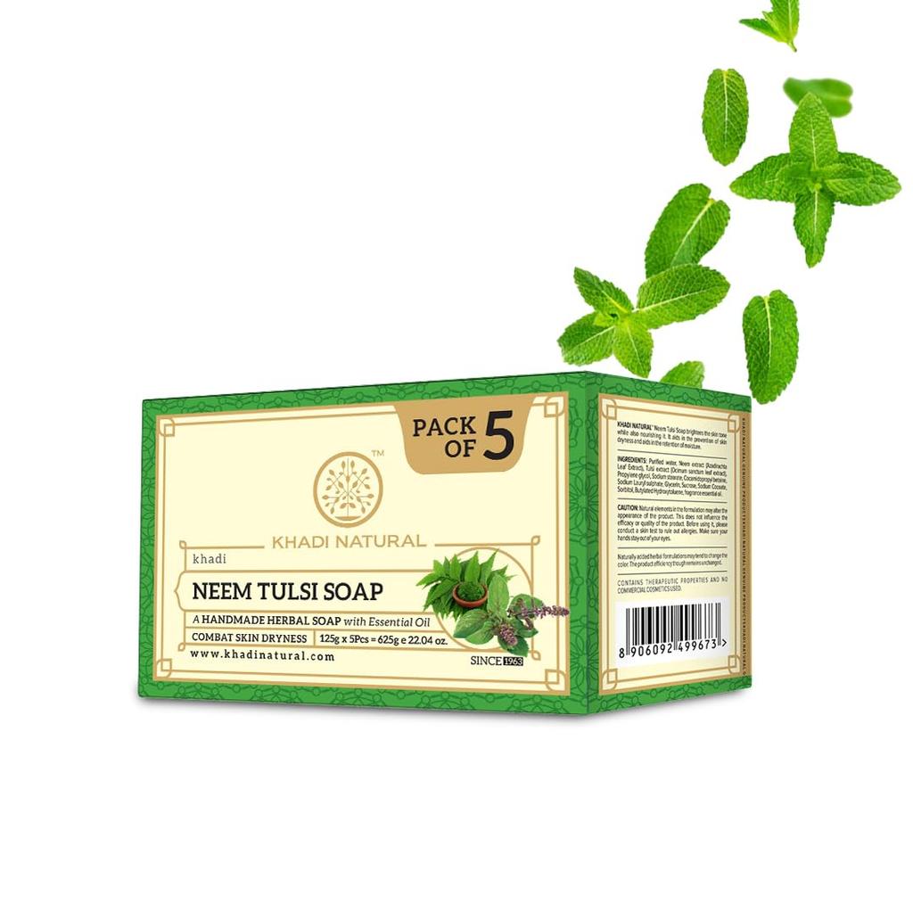 Khadi Natural Neem Tulsi Handmade Soap Pack of 1 125g x 5pcs | Herbal Bath Soap for All Skin Types