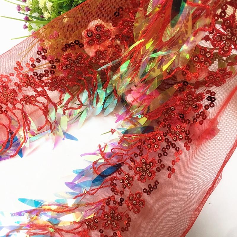 1 Yard Sequins Lace Sewing Garments Accessories DIY Fringe Mesh Tassel Embroidered Ribbon Sewing Craft for Dance Party