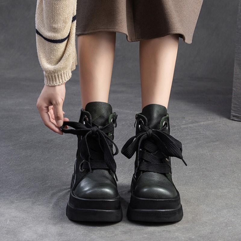 Johnature Genuine Leather Wedges Short Boots Retro Thick Soled Side Zipper Versatile Women's Shoes