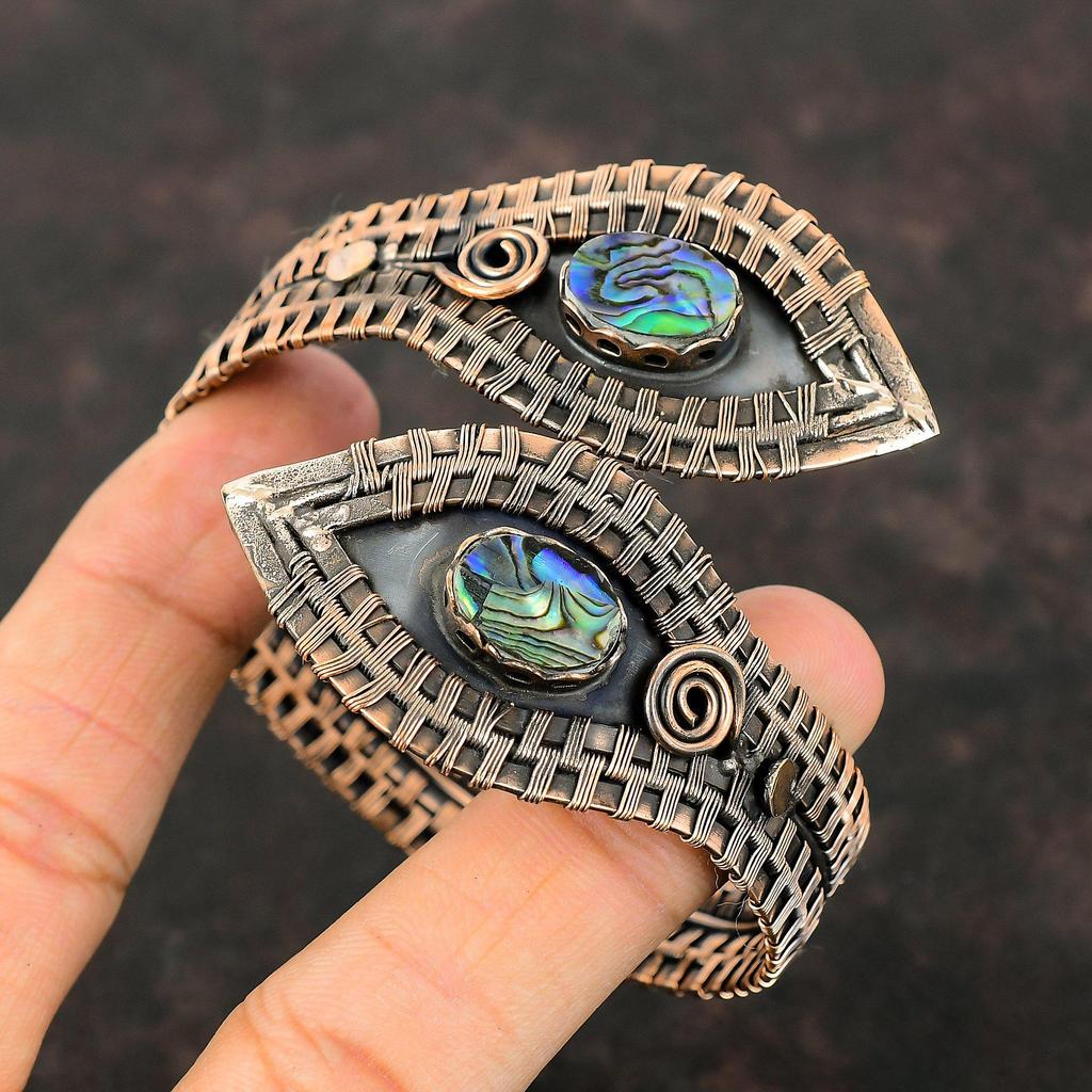 Abalone Shell Gemstone Bangle Copper Wire Wrapped Cuff Bracelet Handmade Bangle Adjustable Cuff Bracelet Antique Copper Jewelry Gift For Mom