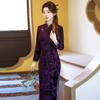 Womens Velvet Chenille Lined Qipao Dress Long Sleeve Stand Collar Retro Chinese Style Winter Warm Coat