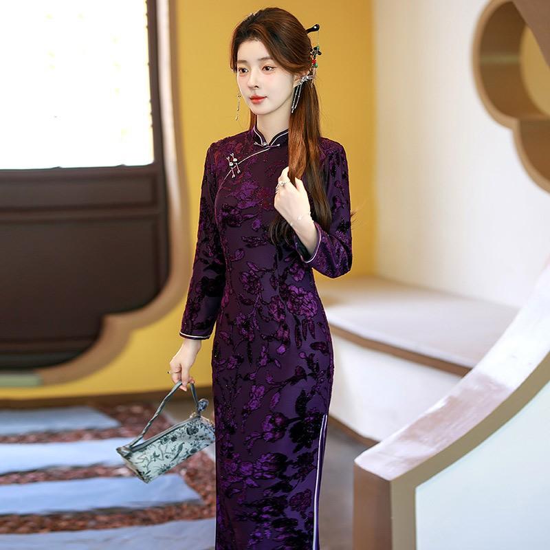 Womens Velvet Chenille Lined Qipao Dress Long Sleeve Stand Collar Retro Chinese Style Winter Warm Coat
