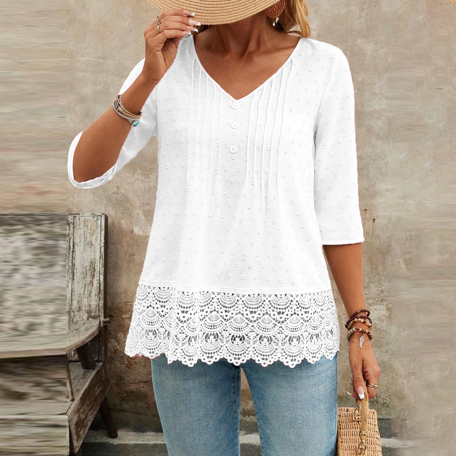 

Женская модная однотонная рубашка с V-образным вырезом и рукавами семь четвертей, с вышивкой и кружевом, в стиле кэжуал XL белый