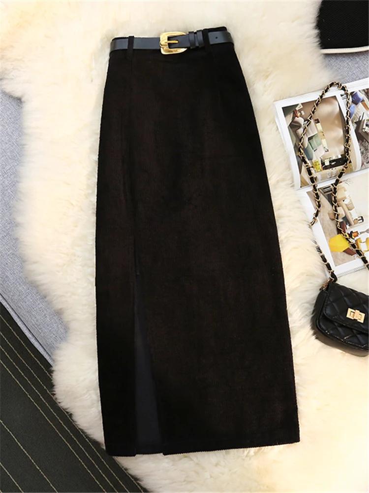 Autumn Winter Corduroy Women's Skirts with Belted High Waist Straight Classic Front Split Skirts Ladies Female