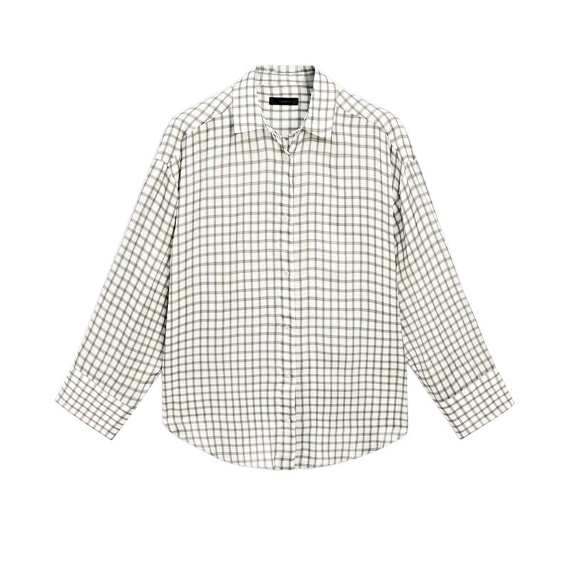 

MD Spring/Summer New Arrival Women s Clothing French Style Temperament Commute Style Drape Elegant Plaid Long Sleeves Shirt 5135894 Pearl Gray L