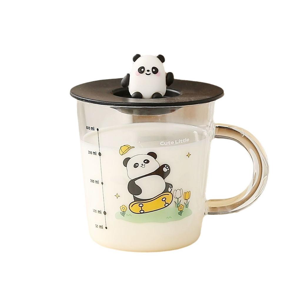 Cute Panda High Borosilicate Glass Cup High Appearance Level Covered Office Drinking Cup  Graduated Milk Cup  Coffee Cup