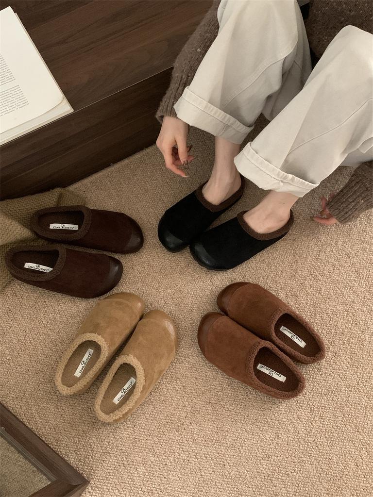 2025 Autumn and Winter Outer Wear Ugly Cute Big Head Female Retro Bag Head Cotton Fluffy Half Slippers Velvet Warm One Pedal Lazy