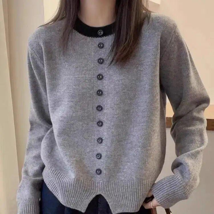 Single-breasted Knitted Sweater for Women Korean-style Round-neck Sweater Loose and Fashionable Long-sleeved Pullover for Women In Autumn and Winter