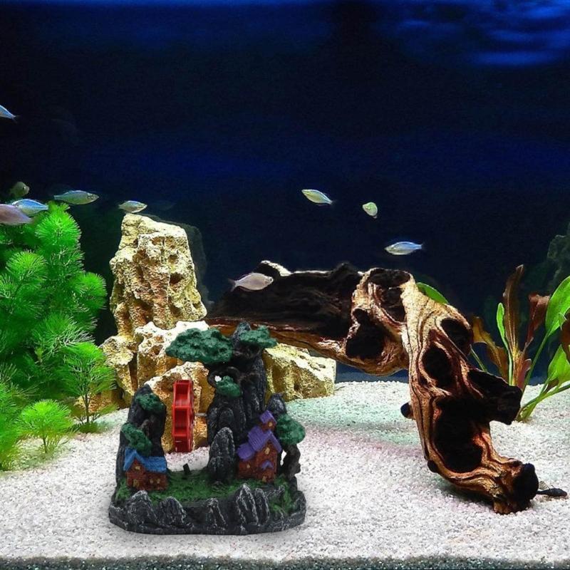Dynamic Waterwheel Mountain Tree Aquarium Decoration Natural Resins Terrain Scenery For Freshwater Saltwater Tanks