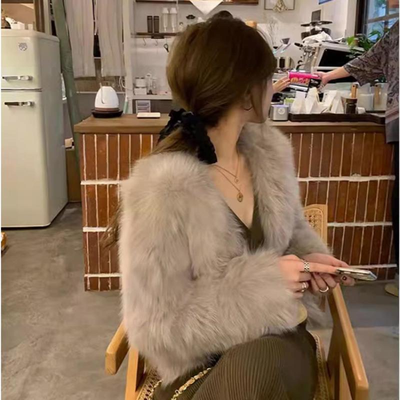 Winter New Elegant Long Sleeve Fox Fur Jackets Women Fashion Vintage Slim Plush Warm Casual Coats Women Solid Loose Office Ladies Jacket Tops 25879