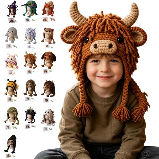 Beginner Friendly Crochet Tools Animal Hood Hat Kit, DIY Earflap Project for Weekend Cute Craft Kit Beginners, Handmade Winter Headwear Learn