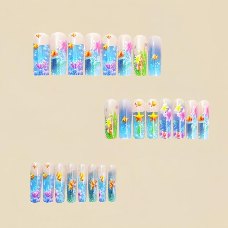 Ongle Carré Faux Clown Poisson Glacé Transparent Bleu Mer Paillettes Design Français Long Ongle à Presser Pour Fête Mariage Événement