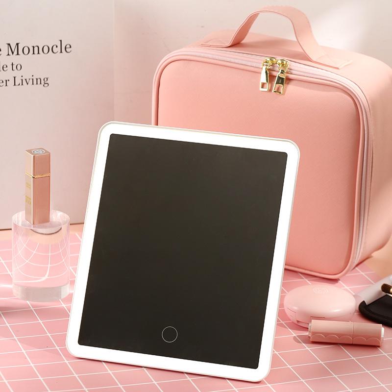 Portable LED Makeup Bag with Full Screen Mirror - Large Capacity Cosmetics Organizer