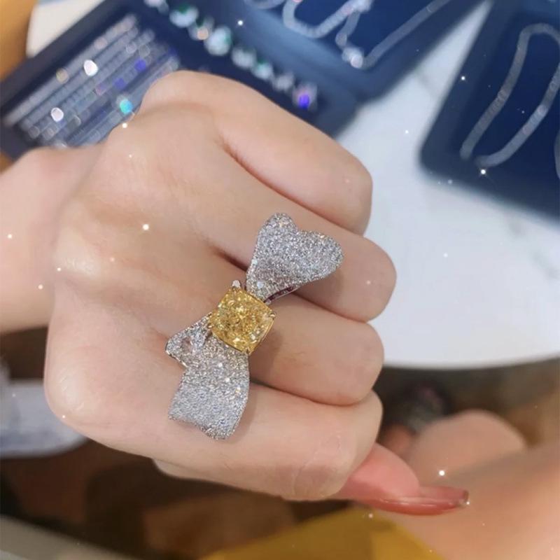High-End Yellow Diamond Bow Ring for Women - Light Luxury, Non-Fading, Elegant Open Design, Colored Gem Jewelry.