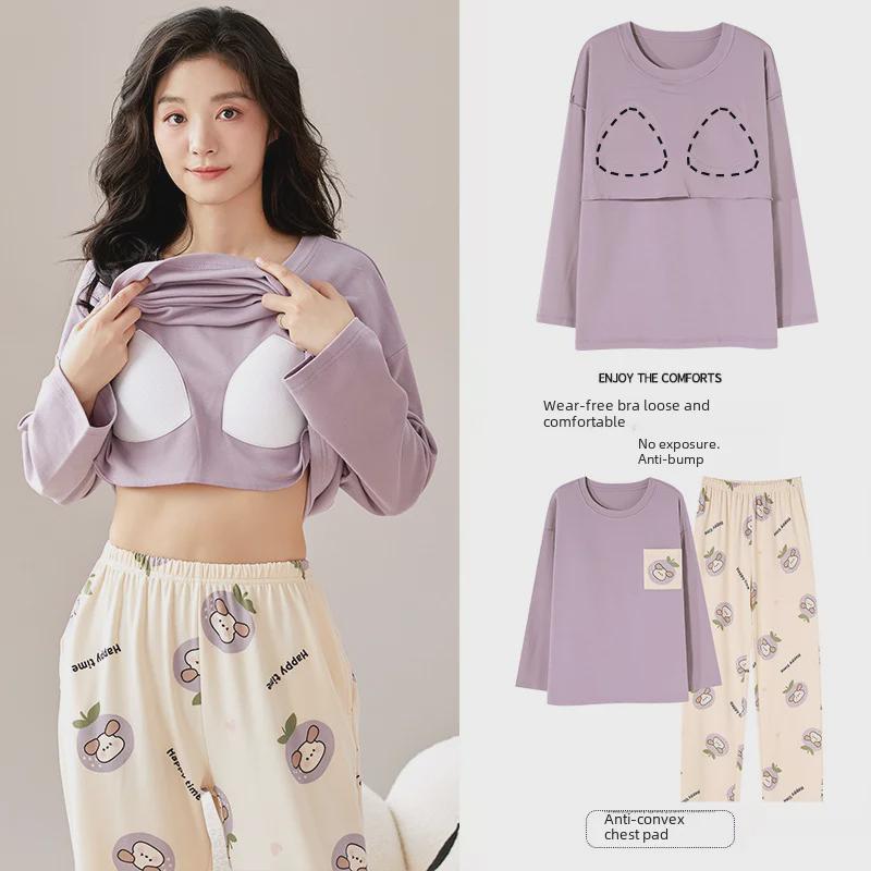 Women's Cartoon Long-Sleeve Pajamas with Chest Pads - Lightweight Home Loungewear for Autumn and Spring