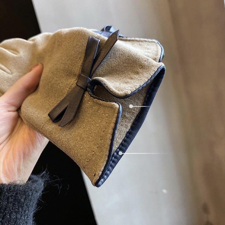 Handschuhe für Damen im Winter Koreanischer Stil Niedliche Schleife mit Samt Verdickt Herbst Fahren Elektrofahrrad Zum Schutz vor Kälte und Wärme Touchscreen