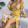 Damen Frühling Sommer Sexy Schnürkleid mit Blumenmuster, langen Ärmeln und Schlitz