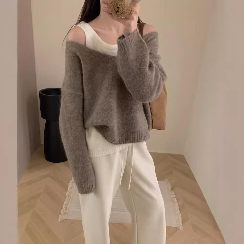 

Свободный и ленивый повседневный универсальный вязаный свитер топ женский осень и зима новая мода омолаживающий и стройнящий пуловер свитер с круглым вырезом One Size верблюд