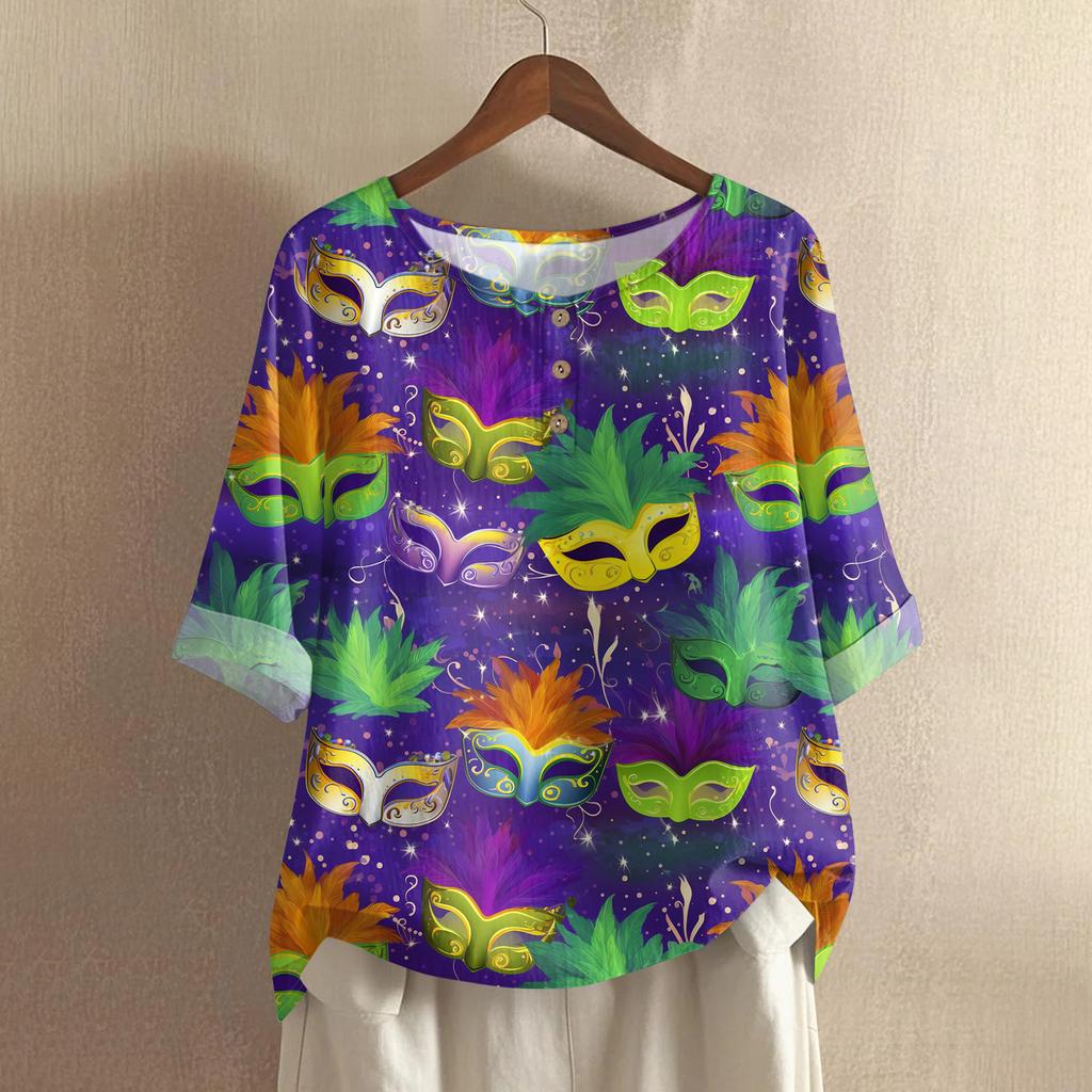 Women's Fashionable And Casual Shirt 3/4 Sleeve Round Neck Print Blouse Top