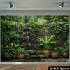2D Tropical Waterfall Backdrop Green Plant Stone Wall Background