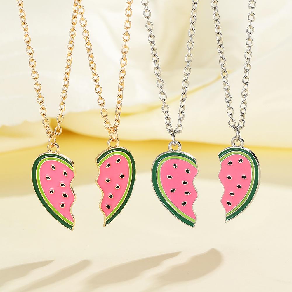 2 Stück/Set Süßes Sommer-Wassermelonen-Muster Herz-Puzzle Beste Freunde Halskette BFF Schmuck Für Frauen Mädchen Freundschaftsgeschenk