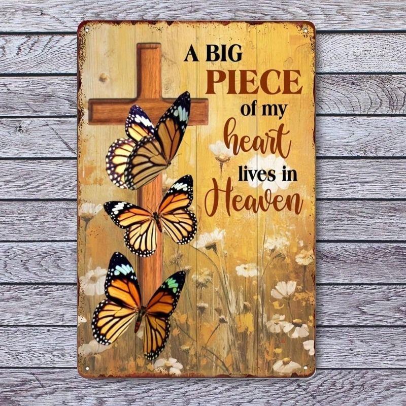 Vintage Metal Poster Wall Art, Cross with Butterfly Heart, Living Room Decor