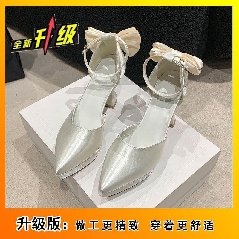 French Pointed Bow Thick Heel One-word Buckle Strap Single Shoes Women's Fashion Waterproof Table High Heels Women Are Not Tired of Feet 2025