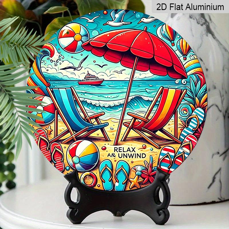 2D Flat, 1pc Round Aluminum Hanging Sign-"Relax And Unwind" Vibrant Beach Scene Metal Wall Art, Colorful Summer Umbrella & Lounge Chair Design