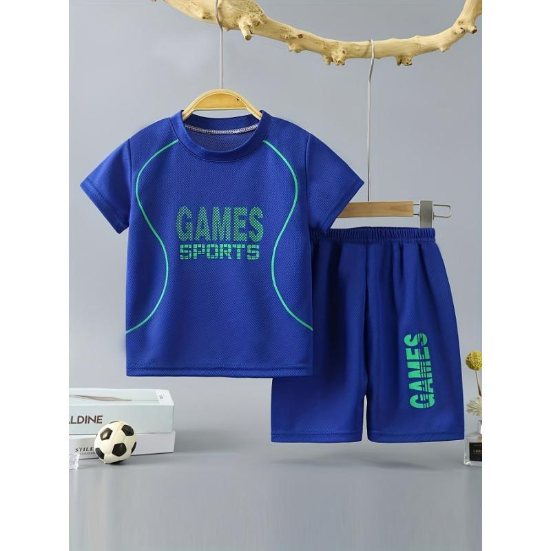 Boy's Quick-drying Outfit 2pcs, GAMES SPORTS Print T-shirt & Shorts Set, Kid's Clothes For Summer Outdoor Wear