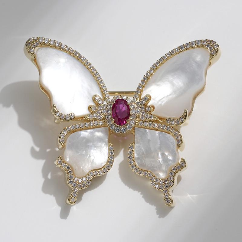 Elegant Mother-of-Pearl Butterfly Brooch with Zirconia – High-end Women s Accessory