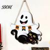 Easy Clean Festive Door Hanger Cute White Ghost Wooden Sign with Black Cat BOO Boho Halloween Room Decoration Banner, Waterproof Front Plaque